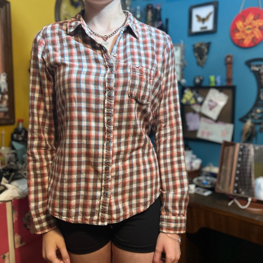 Hollister Plaid Flannel Orange , Brown, Blue, Cream Large